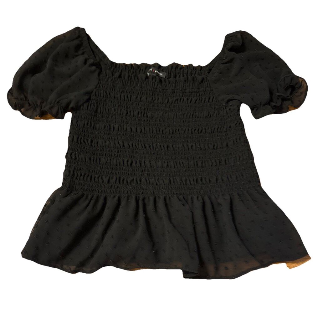 Women’s Moa Moa Black Smocked Ruffled Blouse Sheer Puff Sleeves Size M
